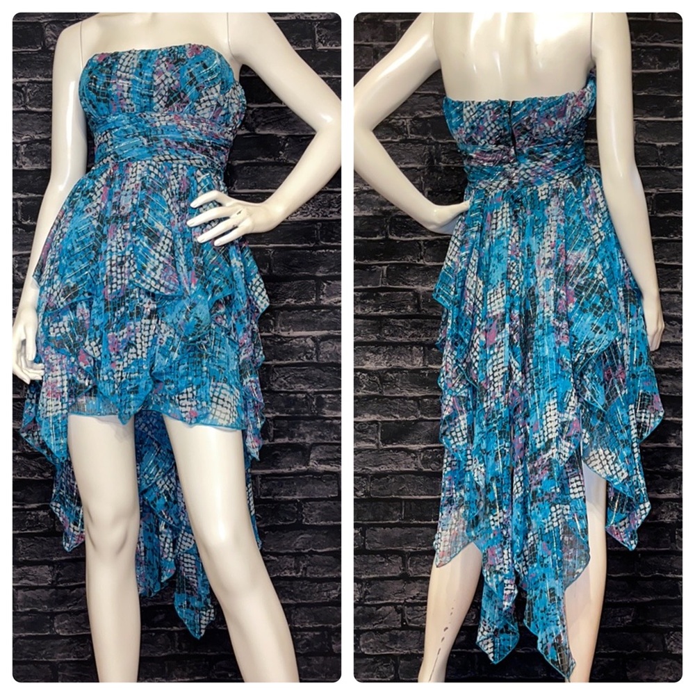 NWT Mandee Blue Multi Print Tiered Ruffle Fishtail Strapless Dress XS
